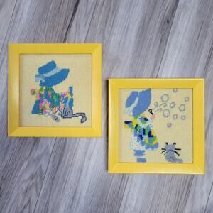 Vintage Holly Hobbie Cross Stitch Bubbles & Cat Framed Art Set